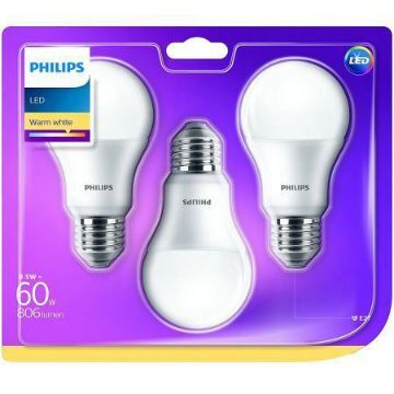 Set becuri LED Philips 8.5W A60 E27 lumina calda 806LM PS03317