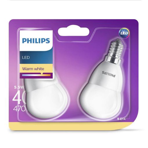 Set 2 becuri LED Philips 5.5W E14 forma clasica P45 lumina calda