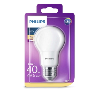 Imagine Bec LED Philips 5.5W E27 A60 2700K lumina calda