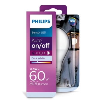 Poza cu Bec LED Philips cu senzor lumina 6.5W E27 A60 6500K lumina rece