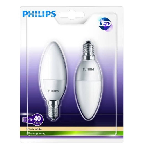 xx Set 2 becuri LED lumanare Philips 5.5W (40W), E14, 15000 ore, lumina calda