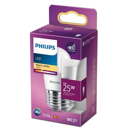 Imagine Bec LED Philips 4W P45 E27 lumina calda 250LM PS04125