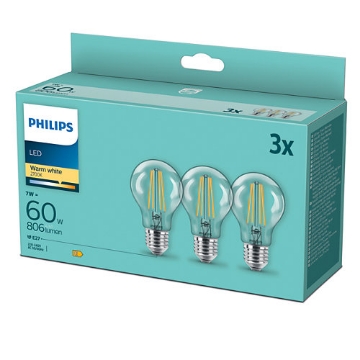 Imagine Set 3 becuri LED Philips 7W E27 A60 2700k 806lm PS04207