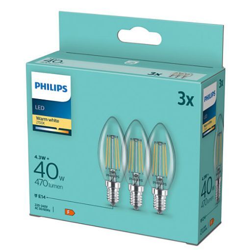 Set 3 becuri LED Philips E14 4.3W B35 470lm 2700k lumina calda PS04208