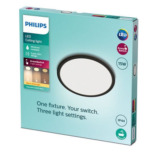 Imagine Plafoniera LED neagra baie Philips Superslim CL550 Scene Switch 15W 2700k PC02634