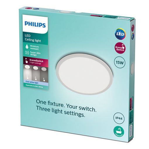 Poza cu Plafoniera LED alba baie Philips Superslim CL550 Scene Switch 15W 4000k PC02635