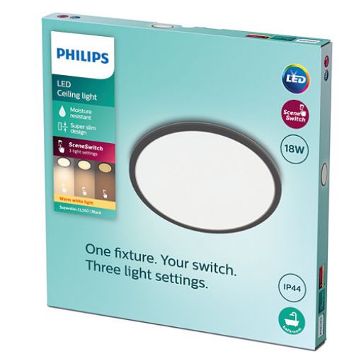 Imagine Plafoniera LED neagra baie Philips Superslim CL550 Scene Switch 18W 2700k PC02636