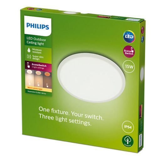 Plafoniera LED exterior alba Philips SuperSlim Scene Switch 15W 2700k IP54 PC02641