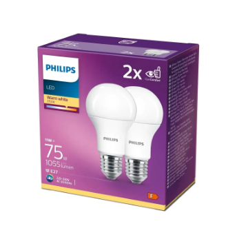 Set 2 becuri LED Philips 11W E27 A60 1055lm lumina calda PS03830