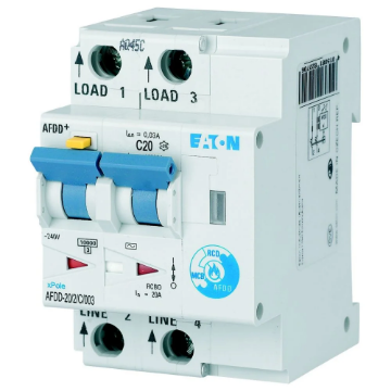 Intreruptor automat diferential RCBO detectie arc electric Eaton AFDD C 20A 2P 30mA AC 187221