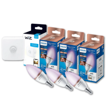 Pachet WiZ Connected 3 becuri LED Philips Smart 4.9W E14 470lm lumanare RGB Senzor miscare smart raza actiune 3m