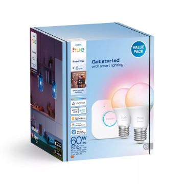 PHILIPS Hue Essential Kit 2 Becuri Inteligente LED E27 8W (60W) 806lm RGBW 2200-6500K Bridge V2