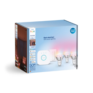 PHILIPS Hue Essential Starter Kit 3 Becuri Inteligente LED GU10 4.7W (50W) 345lm Bridge v2 Dimmer Switch RGBW