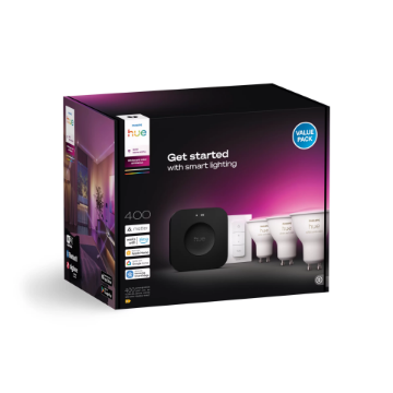 PHILIPS Hue Starter Kit Becuri LED Inteligente GU10 White and Color Ambiance 3x6.5W 400lm Hue Bridge Pro Dimmer Matter Bluetooth