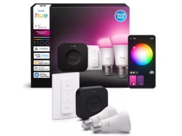 Imagine PHILIPS Hue Starter Kit 2 Becuri LED Inteligente E27 A60 1100LM White and Color Ambiance Dimmer Switch Hue Bridge Pro Motion Aware BT Zigbee