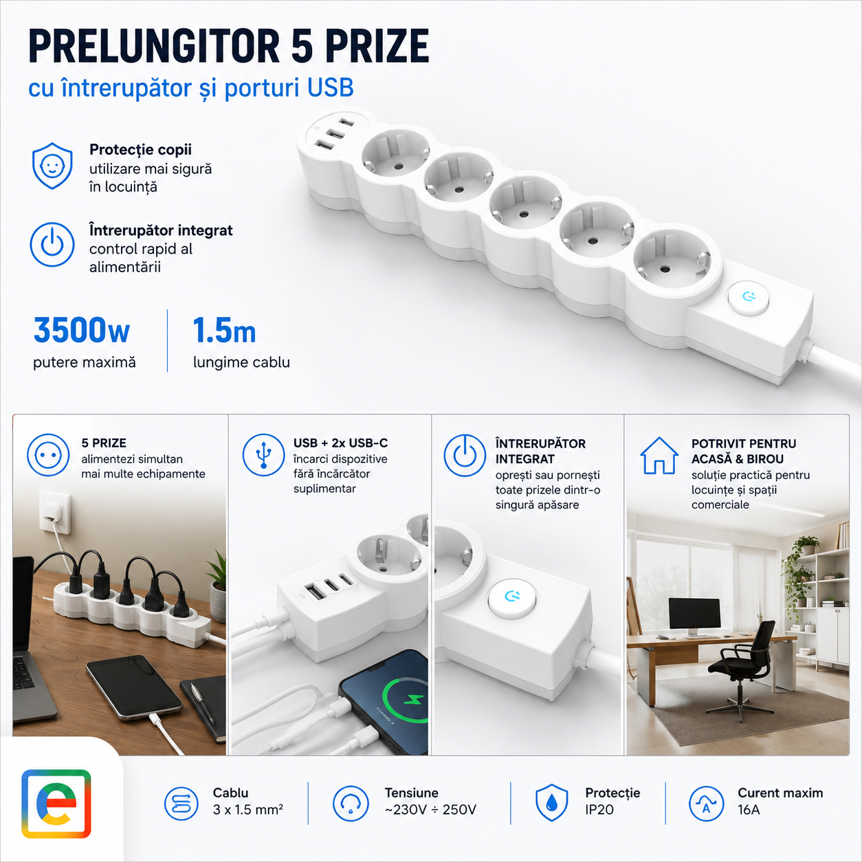 Prelungitor 5 prize cablu 1.5m