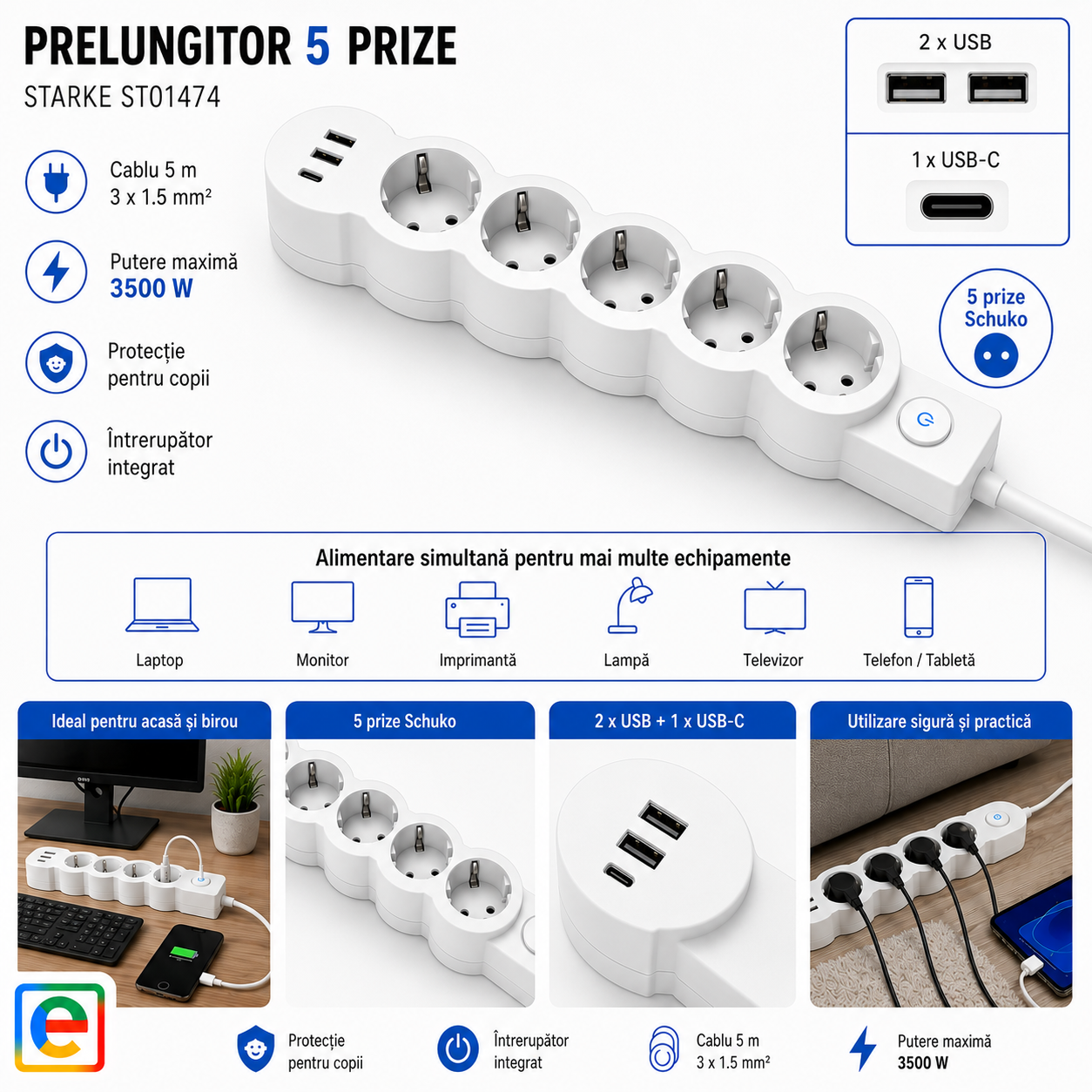 Prelungitor STARKE cablu 5m 5 prize